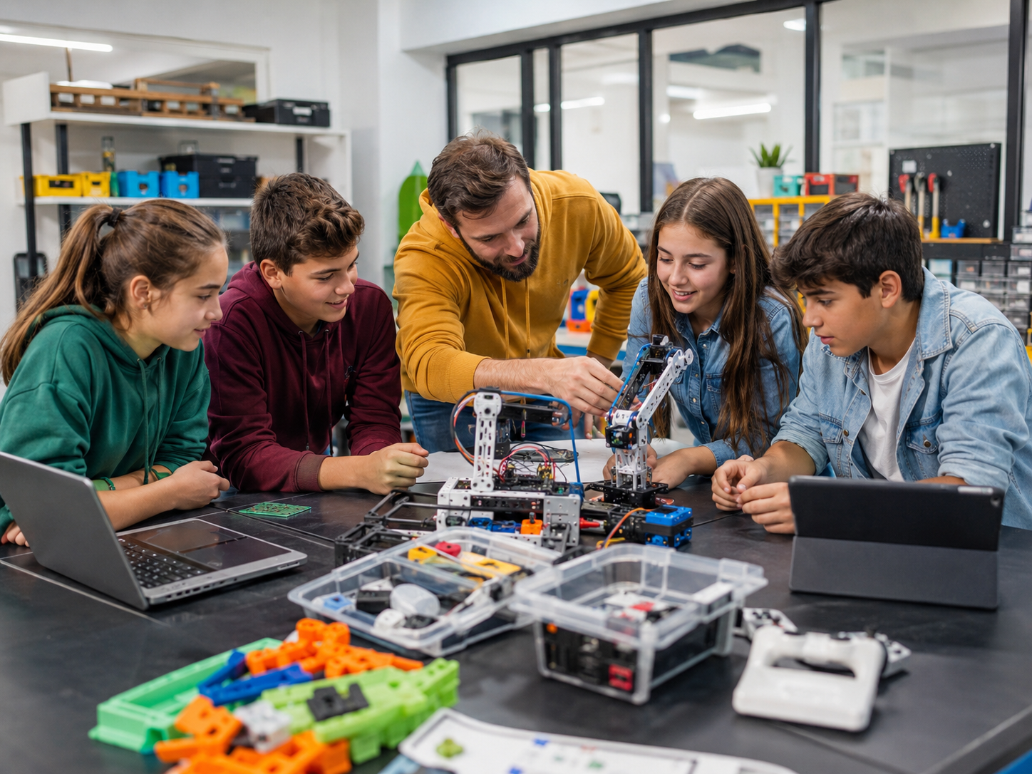 Alumnos diseñando y construyendo estructuras en el taller Maker de Technomakers