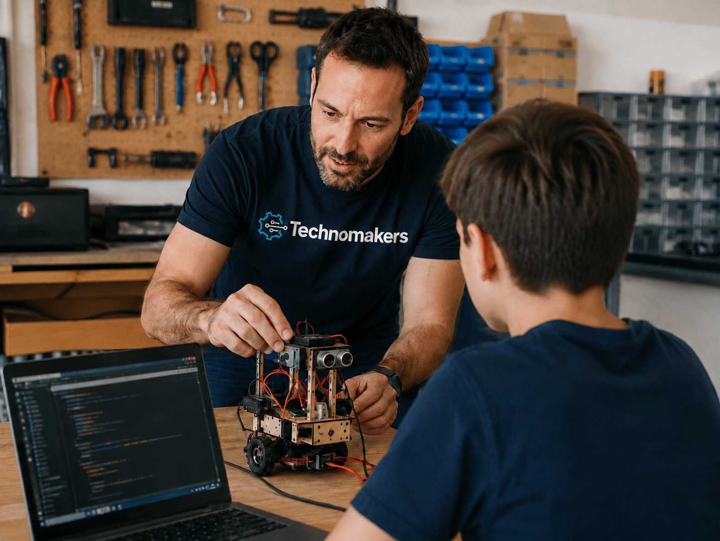Profesor acompañando a un alumno durante un proyecto de robótica y programación en Technomakers